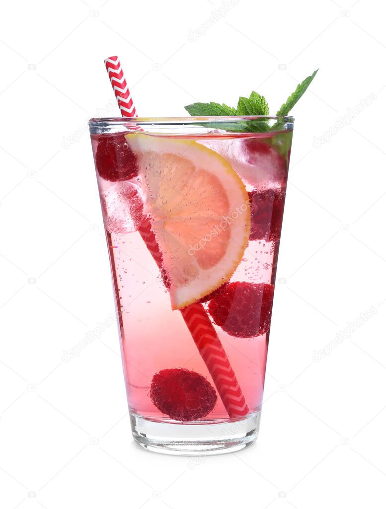 Delicious raspberry lemonade made with soda water isolated on white