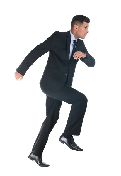 Businessman Imitating Stepping Stairs White Background Career Ladder Concept — Stock Photo, Image