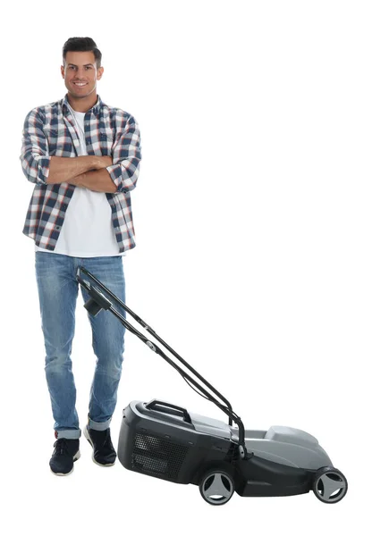 Man Modern Lawn Mower White Background — Stock Photo, Image