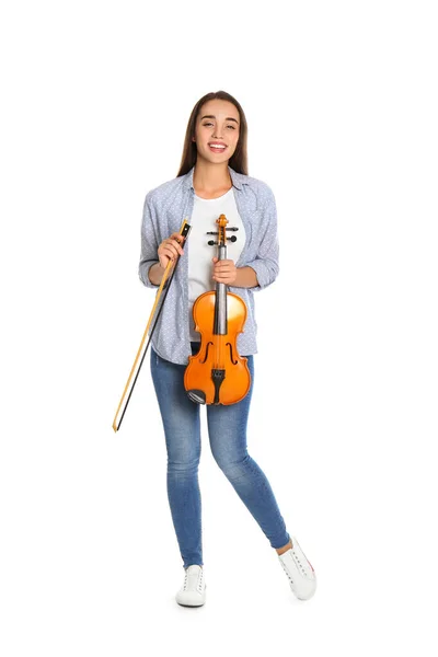 Mulher Bonita Com Violino Fundo Branco — Fotografia de Stock