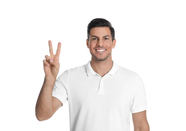 Homem Mostrando Número Dois Com Mão Fundo Branco — Fotografia de Stock
