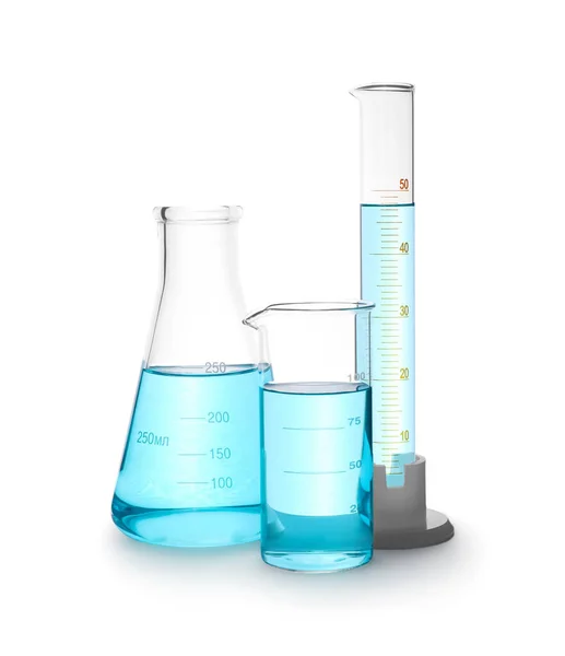 Vidros Laboratório Diferentes Com Líquido Azul Claro Isolado Branco — Fotografia de Stock