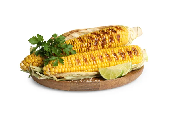 Delicious Grilled Corn Cobs Parsley Lime White Background — Stock Photo, Image