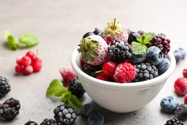 Mix Different Frozen Berries Grey Table Closeup Space Text — Stock Photo, Image