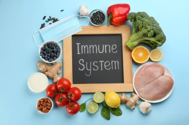 Açık mavi zemin üzerinde metin İmmün Sistemi ile doğal ürünler, yüz maskesi ve karatahta seti düz yatıyordu