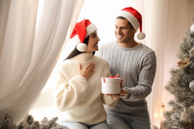 Erkek arkadaşı Noel ağacının yanındaki kız arkadaşına hediye paketi veriyor.