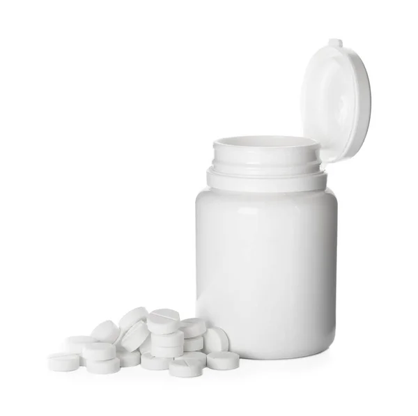 Plastic Fles Met Pillen Witte Achtergrond — Stockfoto