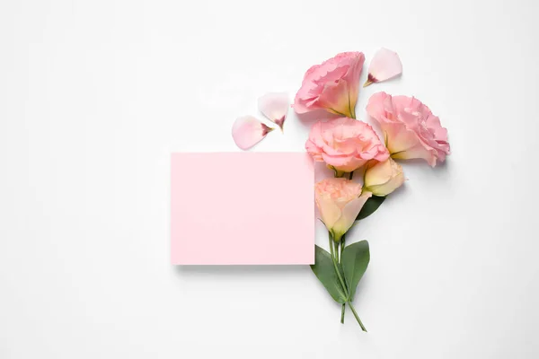 Beautiful Eustoma Flowers Blank Card White Background Flat Lay Space — Stock Photo, Image