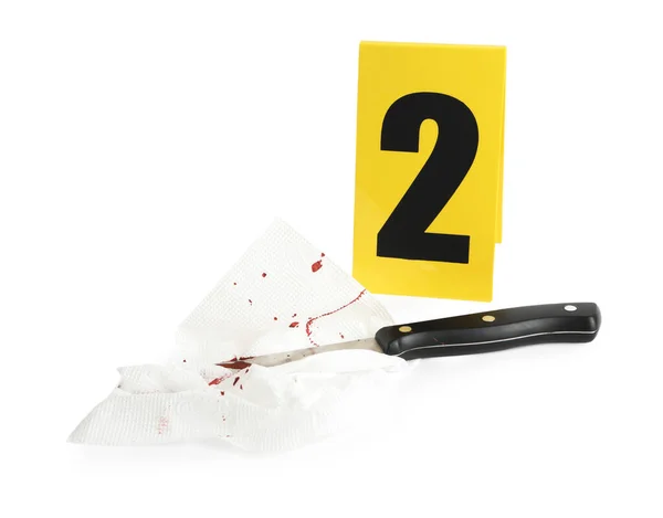Cuchillo Sangriento Servilleta Marcador Escena Del Crimen Con Número Dos —  Fotos de Stock