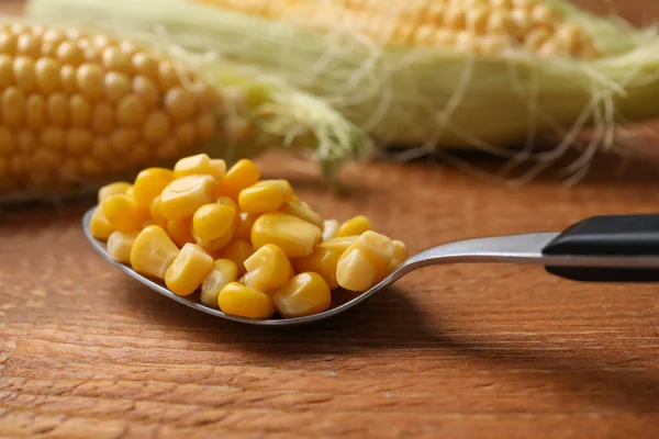 Spoon Preserved Corn Wooden Table Closeup — Stock Photo, Image