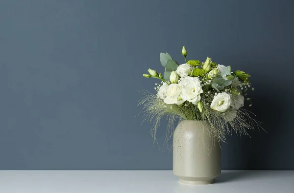 Bouquet Beautiful Eustoma Flowers Vase White Table Grey Background Space — Stock Photo, Image