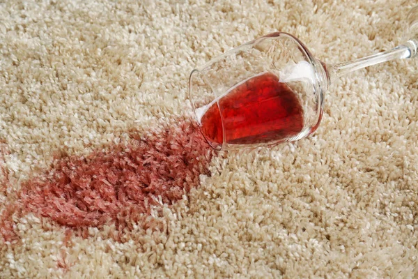 Overturned Glass Spilled Red Wine Soft Carpet Closeup — Stock Photo, Image