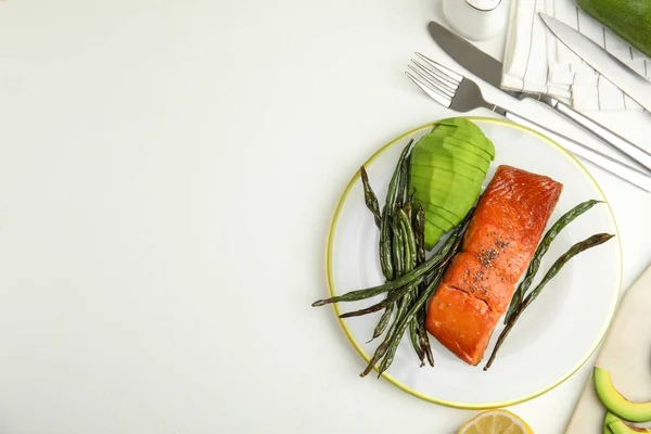 Tasty Cooked Salmon Vegetables Served White Table Flat Lay Space — Stock Photo, Image