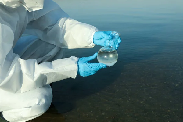 Scientist Chemical Protective Suit Florence Flask Taking Sample River Analysis — Stock Photo, Image