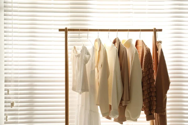 Rack Stylish Women Clothes Indoors Modern Interior Design — Stock Photo, Image