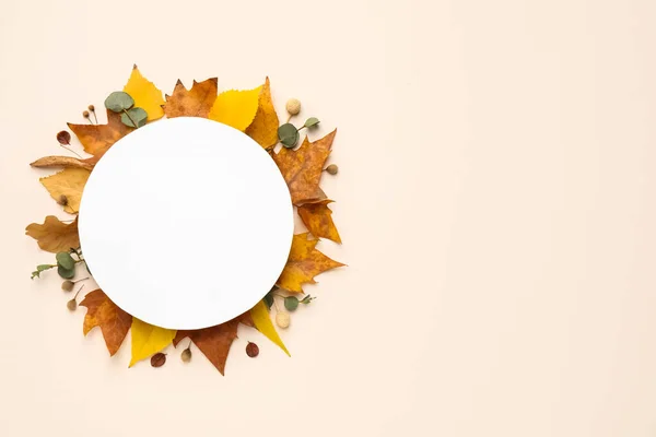 Flat Lay Composition Autumn Leaves Blank Card Light Background Space — Stock Photo, Image