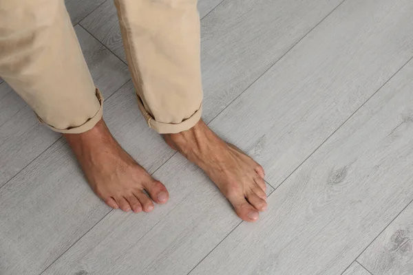 Man Walking Barefoot Home Closeup Floor Heating Concept — Stock Photo, Image