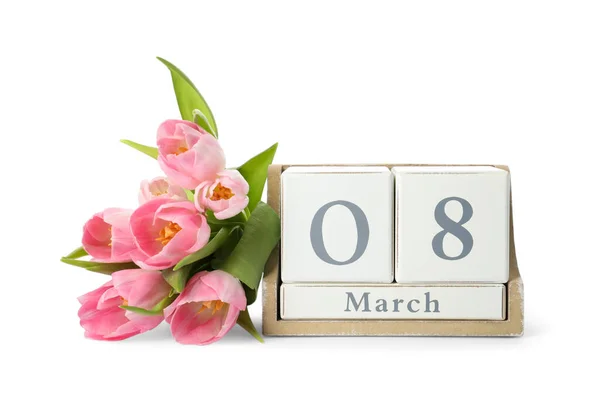 Wooden Block Calendar Date 8Th March Tulips White Background International — Stock Photo, Image