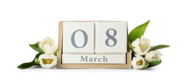 Деревянный Календарь Датой Марта Тюльпаны Белом Фоне Международный Женский День — стоковое фото