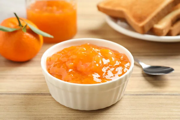 Tasty Tangerine Jam Bowl Wooden Table — Stock Photo, Image