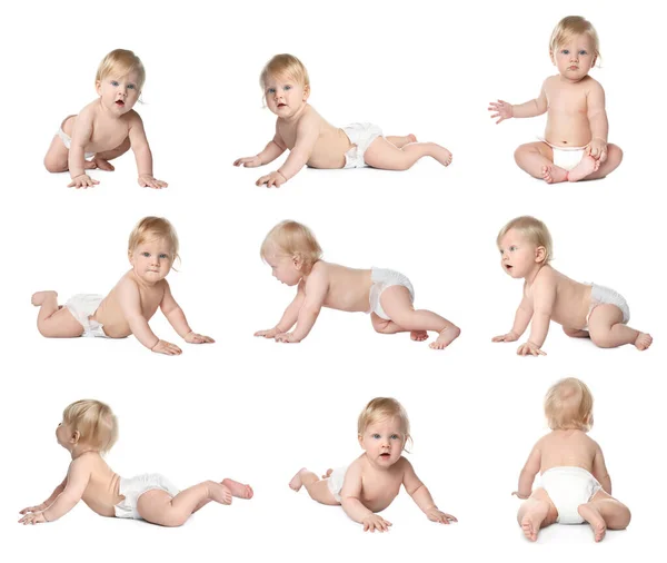 Collage Photos Cute Little Baby Diaper White Background — Stock Photo, Image