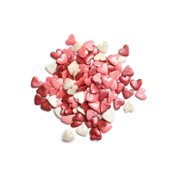 Pile Sweet Candy Hearts White Background Top View — Stock Photo, Image