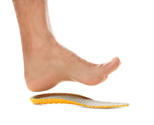 Man Fitting Orthopedic Insole White Background Closeup Foot Care — Stock Photo, Image