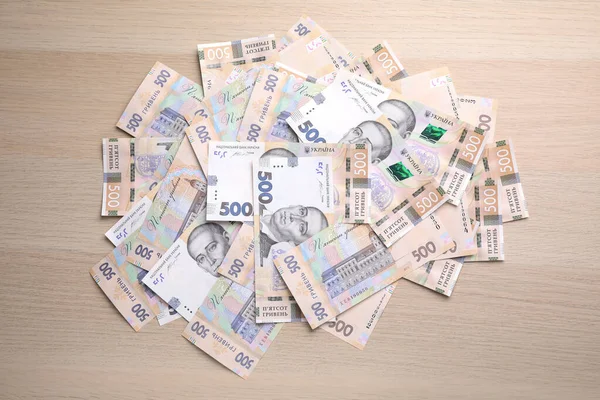 Dinheiro Ucraniano Fundo Madeira Flat Lay — Fotografia de Stock