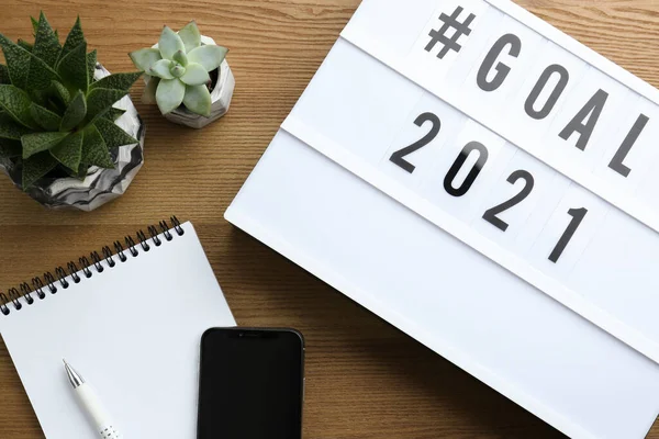Světelná Skříňka Hashtagem Cíl 2021 Notebooku Novoroční Cíle Plochá Kompozice — Stock fotografie