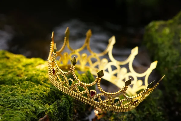 Prachtige Gouden Kroon Stenen Met Groen Mos Buiten Fantasie Item — Stockfoto