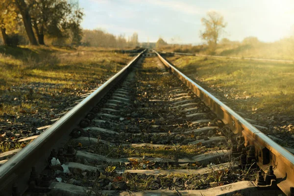 Ligne Chemin Fer Campagne Par Temps Ensoleillé Voyage Train — Photo