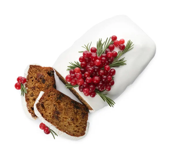 Gâteau Noël Traditionnel Avec Canneberges Glaçage Isolé Sur Blanc Vue — Photo
