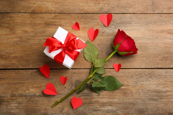 Beautiful Gift Box Paper Hearts Rose Wooden Table Flat Lay — Stock Photo, Image