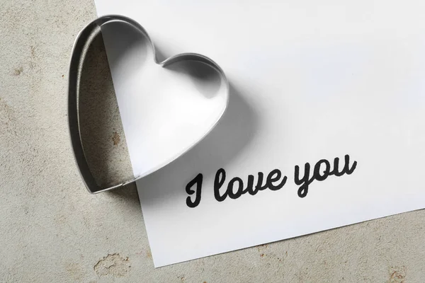 Card Phrase Love You Heart Shaped Cookie Cutter Grey Table — 图库照片