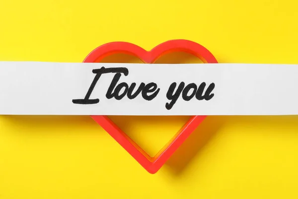 Love You Message Red Heart Yellow Background Flat Lay — 图库照片