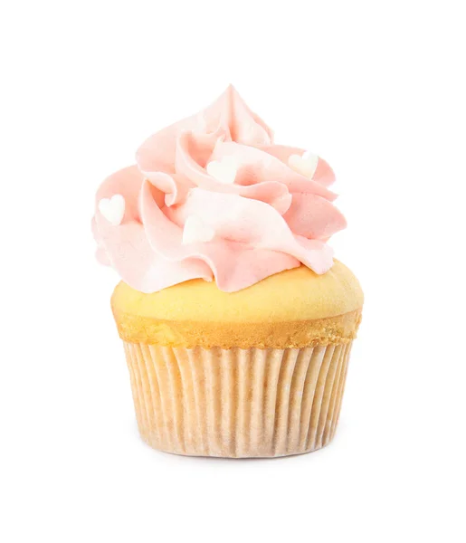 Smaklig Cupcake Med Hjärtformade Strössel För Alla Hjärtans Dag Isolerad — Stockfoto
