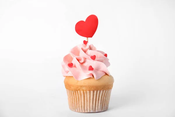 Smaklig Cupcake För Alla Hjärtans Dag Vit Bakgrund — Stockfoto