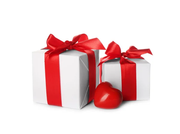 Beautiful Gift Boxes Red Heart White Background Valentine Day Celebration — Stock Photo, Image