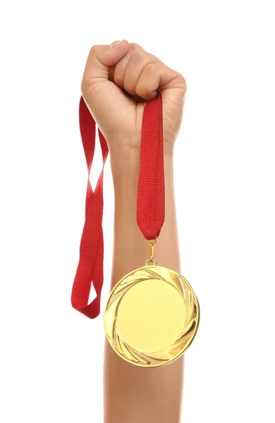 Woman Holding Gold Medal White Background Closeup — Stock Photo, Image