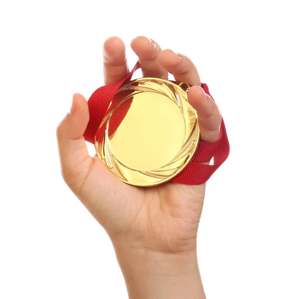 Woman Holding Gold Medal White Background Closeup — Stock Photo, Image