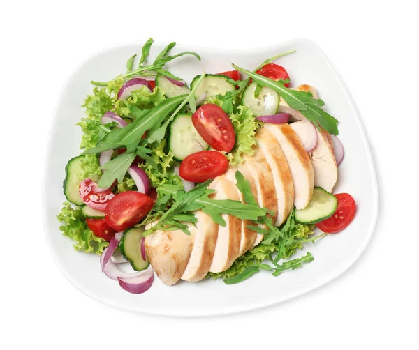 Delicious Salad Meat Arugula Vegetables Isolated White Top View — Stock Photo, Image