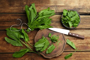 Taze yeşil atkuyruğu yaprakları ve bıçak ahşap masada, düz yatıyordu.