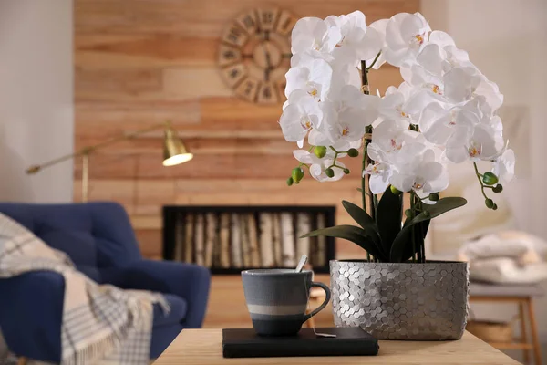 Belles Orchidées Blanches Tasse Thé Sur Table Bois Dans Salon — Photo