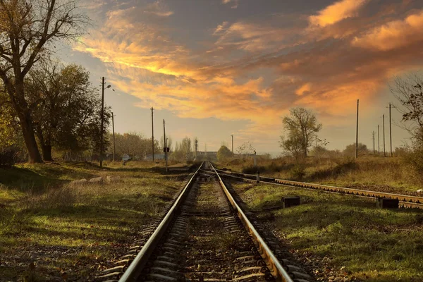 Línea Ferrocarril Campo Día Soleado Viaje Tren — Foto de Stock