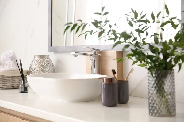 Vase Beautiful Branches Toiletries Vessel Sink Bathroom Interior Design — Stock Photo, Image