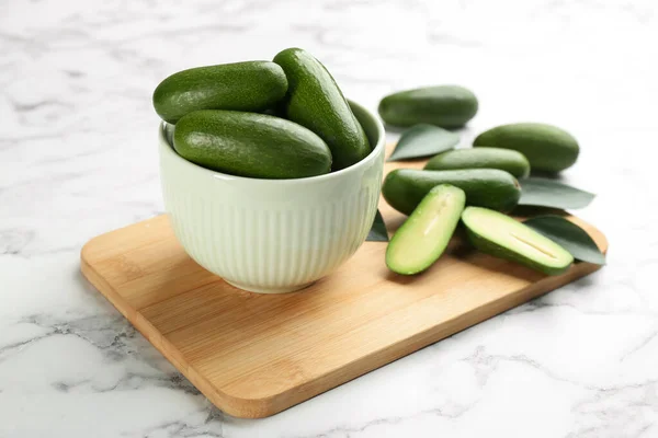 Fresh Seedless Avocados Green Leaves Marble Table — Stock Photo, Image