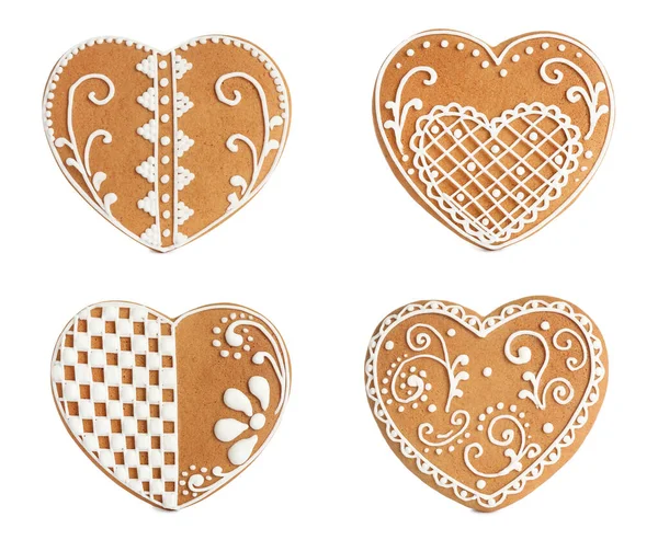 Set Christmas Gingerbread Heart Shaped Cookies White Background — Stock Photo, Image