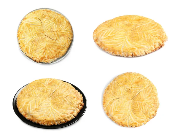 Set Galette Tradizionali Deliziose Des Rois Sfondo Bianco — Foto Stock