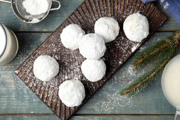 Flat Lay Composition Tasty Christmas Snowball Cookies Blue Wooden Table — Stock Photo, Image