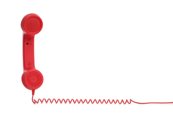Κόκκινο Κορδονωτό Ακουστικό Τηλεφώνου Λευκό Φόντο Έννοια Ανοικτής Γραμμής — Φωτογραφία Αρχείου